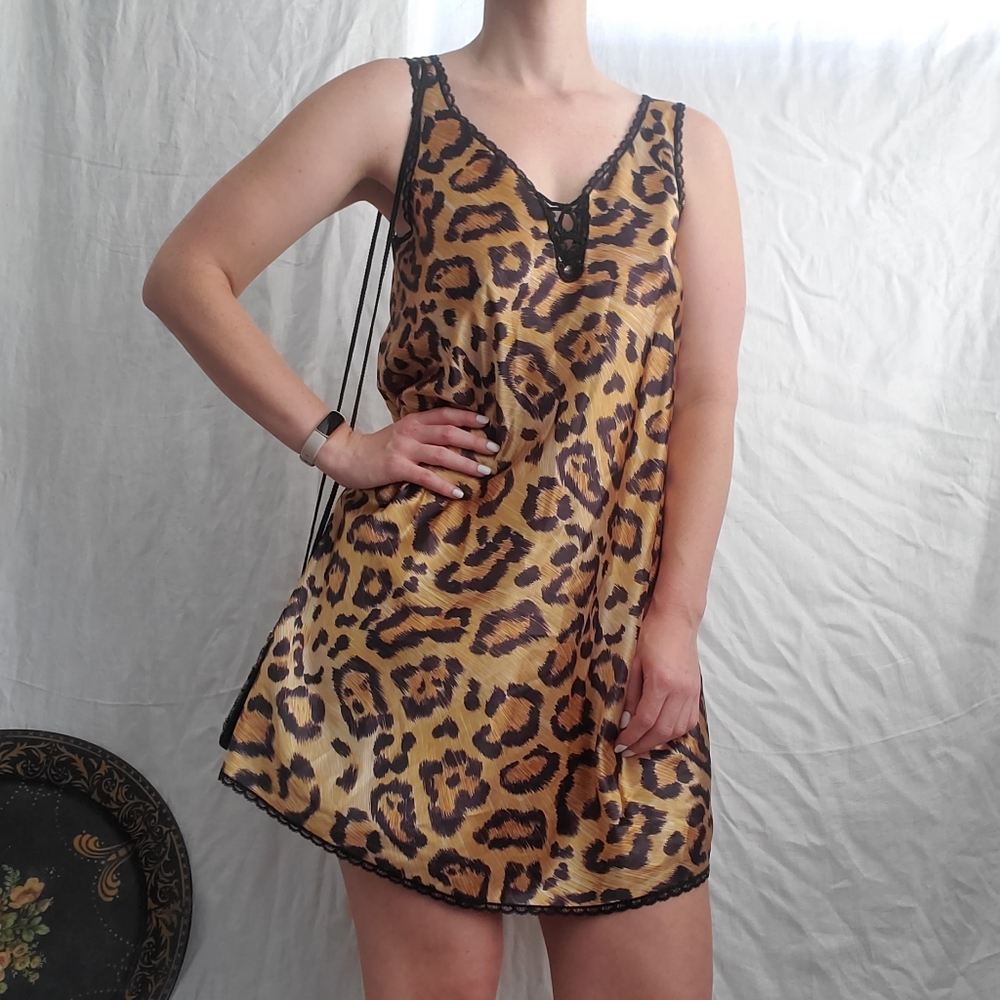 90s Vintage • Leopard Print Satin Slip Gown size M/L